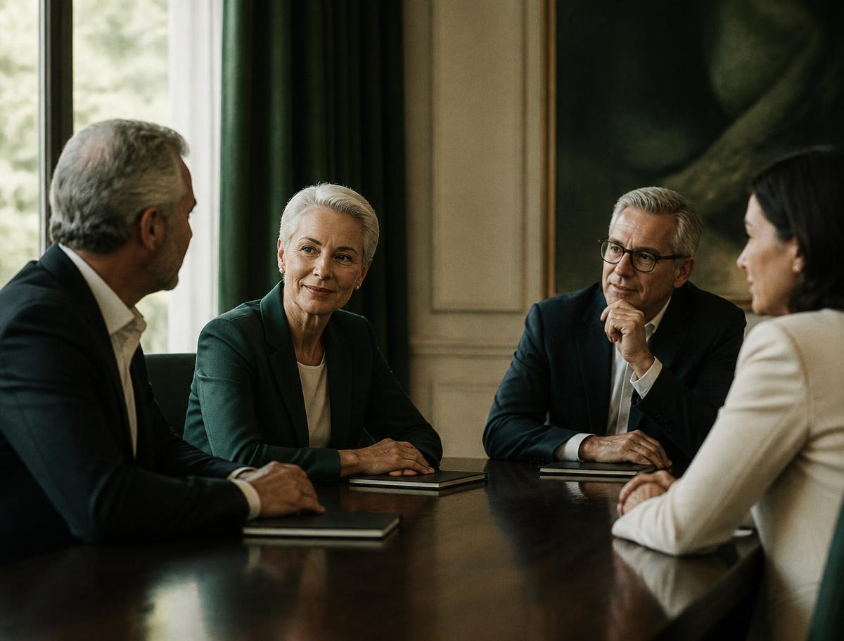 Four senior executives in conversation around a dark boardroom table beside a tall window