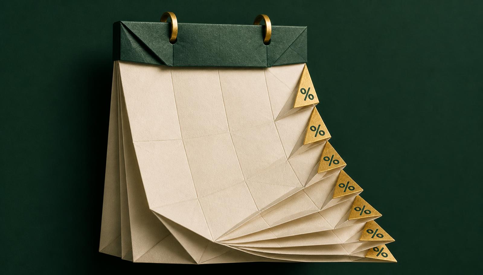 Paper calendar whose every page corner is a folded discount tag