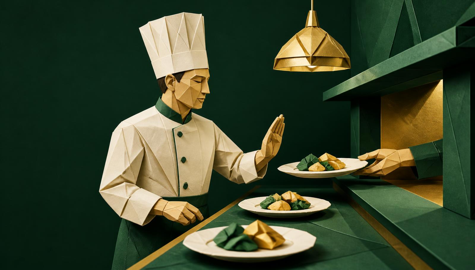 Paper origami chef at a kitchen pass checking plates before they go out