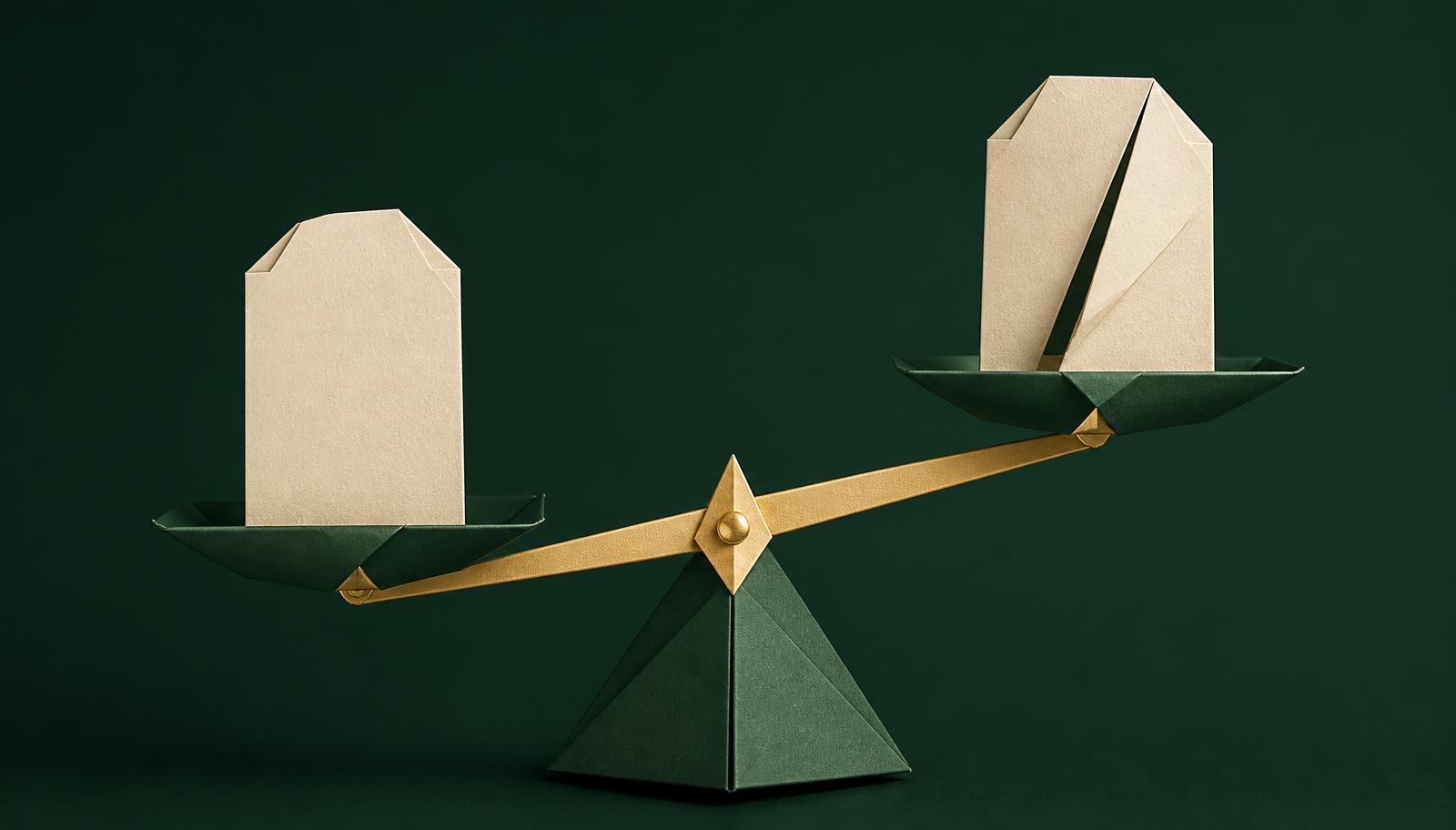 Paper price tags on a tipping scale, one tag cut open